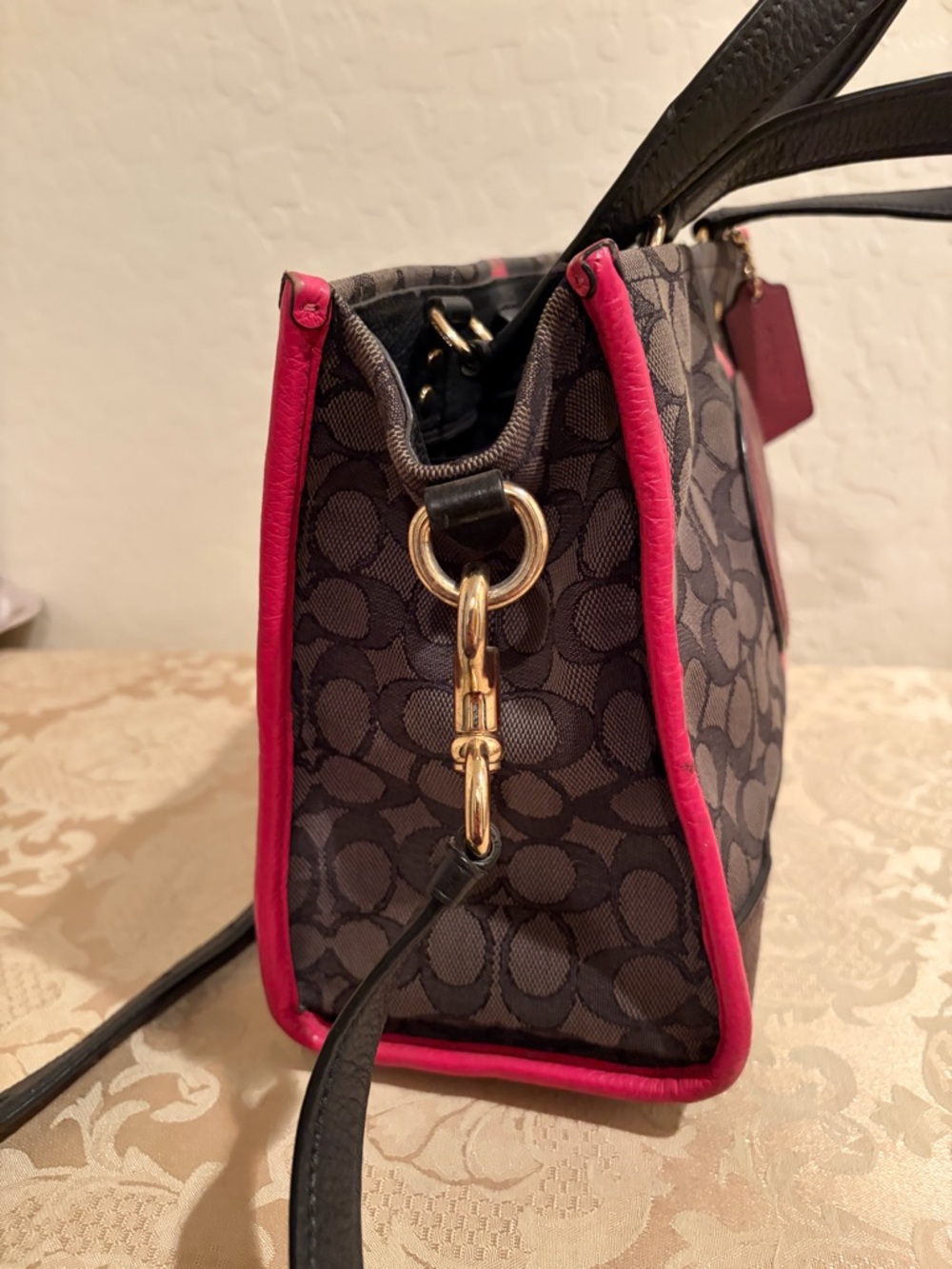 Coach Brown Signature Tote with Pink Trim and Burgundy Patch - Picture 7 of 8